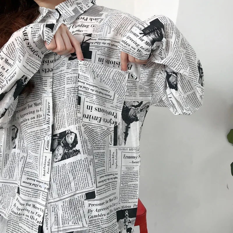 Mazefeng 2021 Spring Women Casual Shirts Loose Style Female Vintage Shirts Turn-down Collar Women Shirts Ladies Print Newspaper