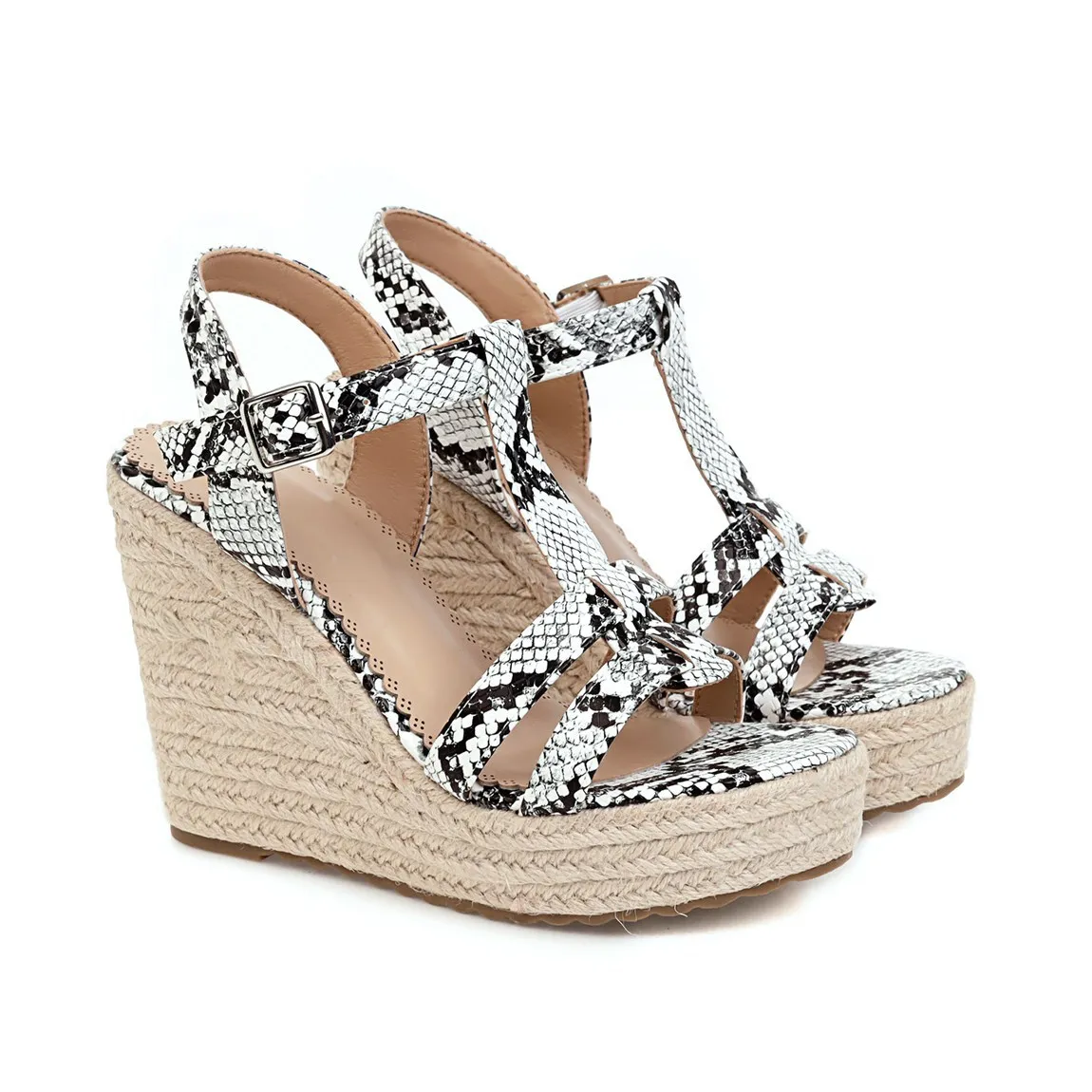 Fashion Python T-Strap Wedge Heel Sandals Platform Braided Wedged Heels Lady Peep Toe Snakeskin Cut-Outs Vacation Beach Shoes