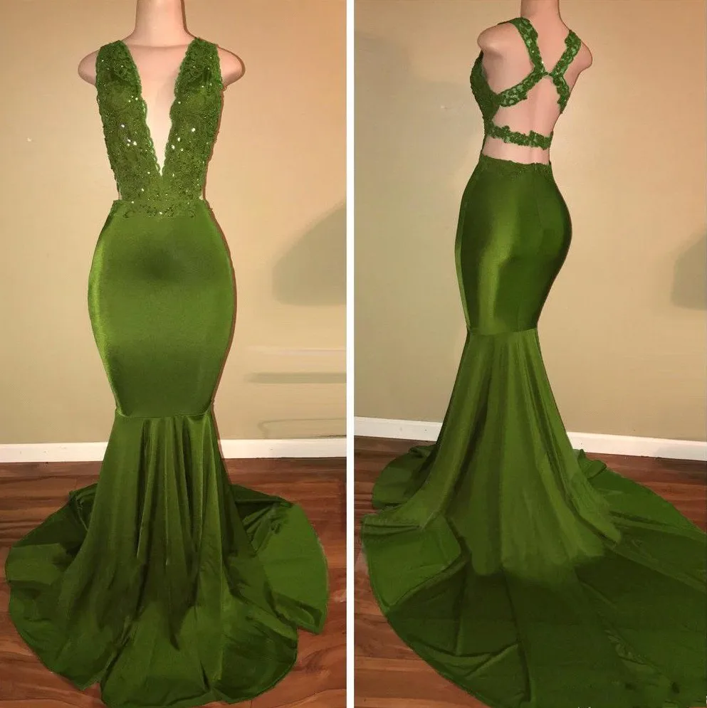 2024 African Olive Green Mermaid Prom Dresses Satin Beaded Lace Appliqued Sweep Train Arabic Evening Party Gowns Robe De Soriee