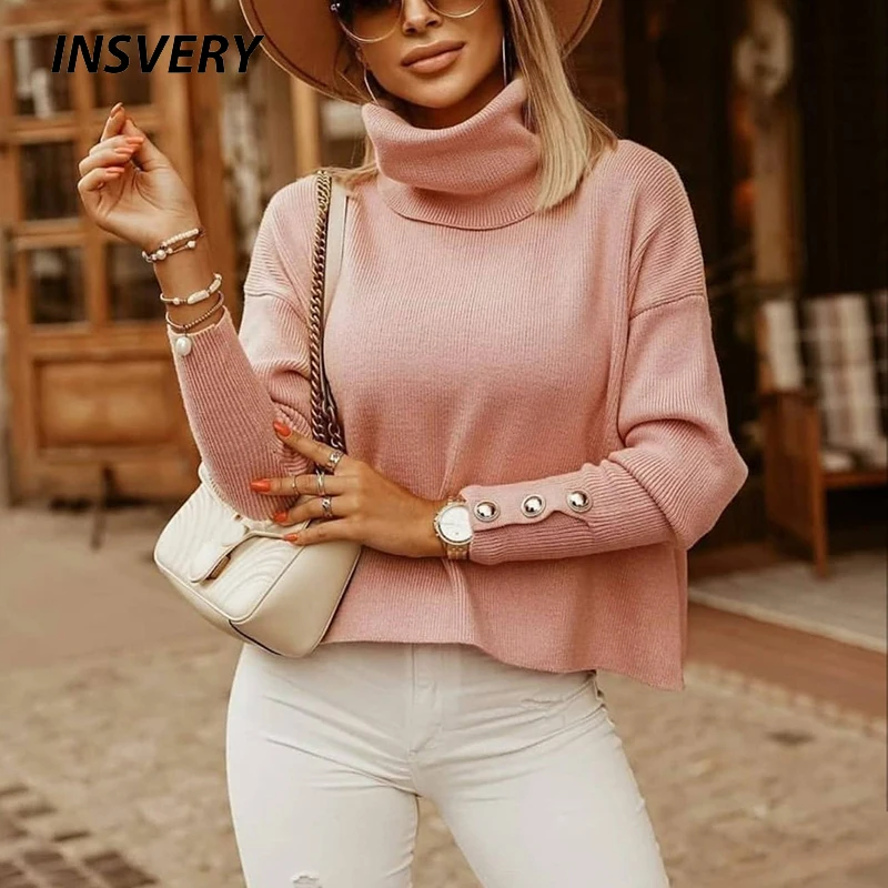 

Autumn Winter Women Sweater Long Sleeve Jumper Turtleneck Neck Sweaters For Women Button Pullover Solid Knitted Tops 2021