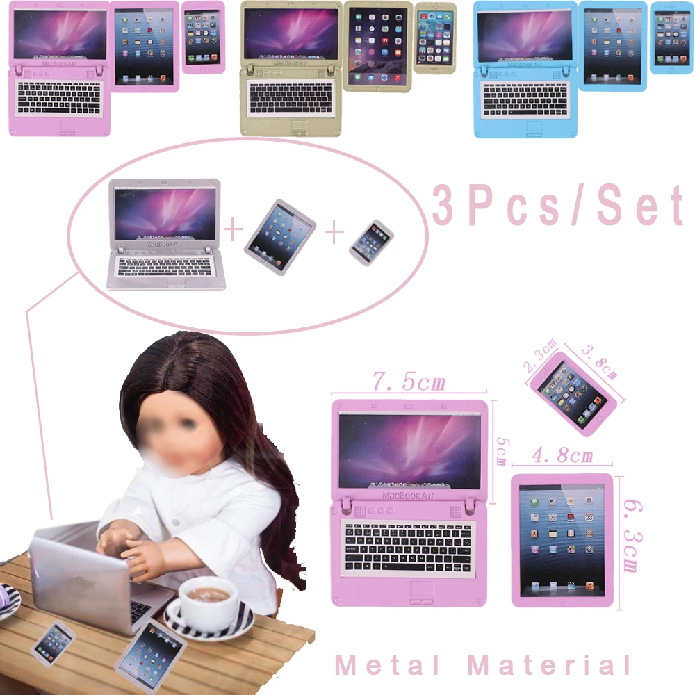 Doll Accessories 3Pcs/Set =Metal Computer+Cellphone+Laptop For 18 Inch American&43 CM Reborn Baby Doll House,Generation Girl Toy