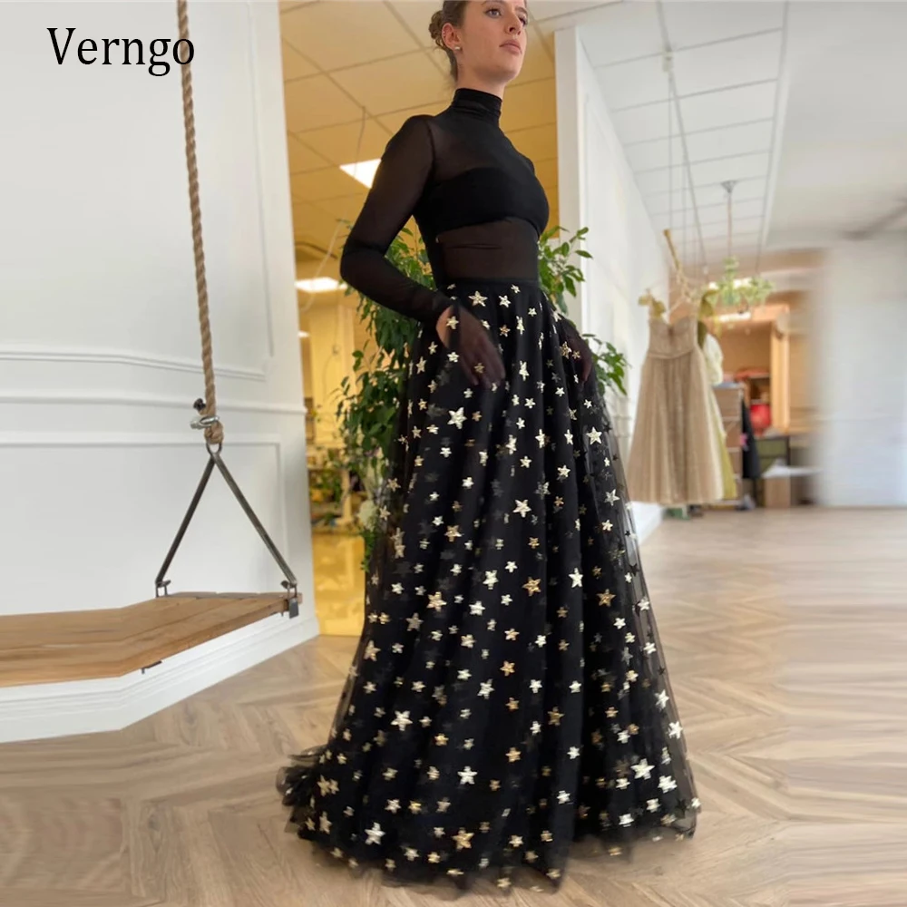 Verngo Tulle nero con stelle scintillanti dorate una linea abito da sera maniche lunghe collo alto 2021 abiti da festa formali Vintage