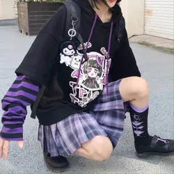 Outono kawaii roupas femininas lolita anime dos desenhos animados manga comprida hoodies harajuku egirl moletom com capuz emo grunge t topo alt y2k