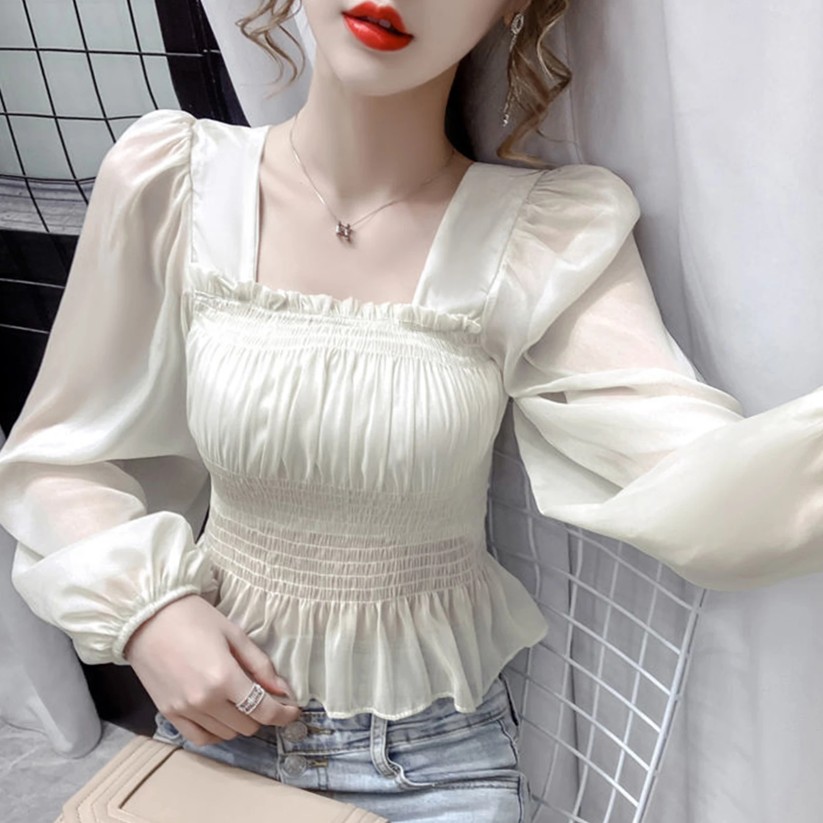 Sexy Women Long Puff Sleeve Square Neck Waist Tight Chiffon Thin Blouse Top