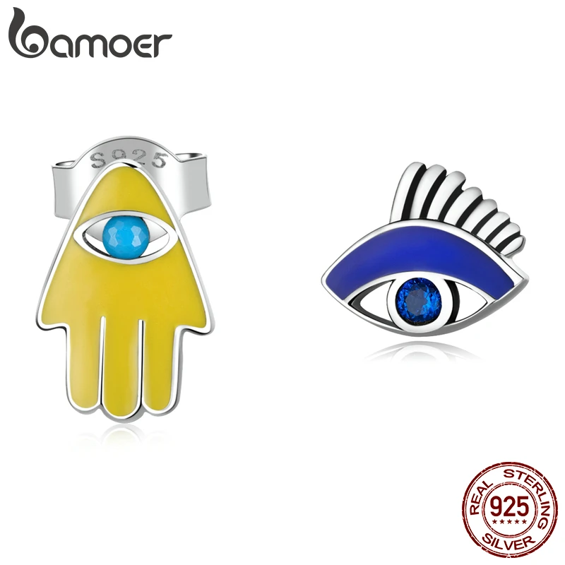 Bamoer Genuine 925 Sterling Silver Demon Eye & Lucky Hand Combination Stud Earrings for Women New Trendy Ears Jewelry Party Gift