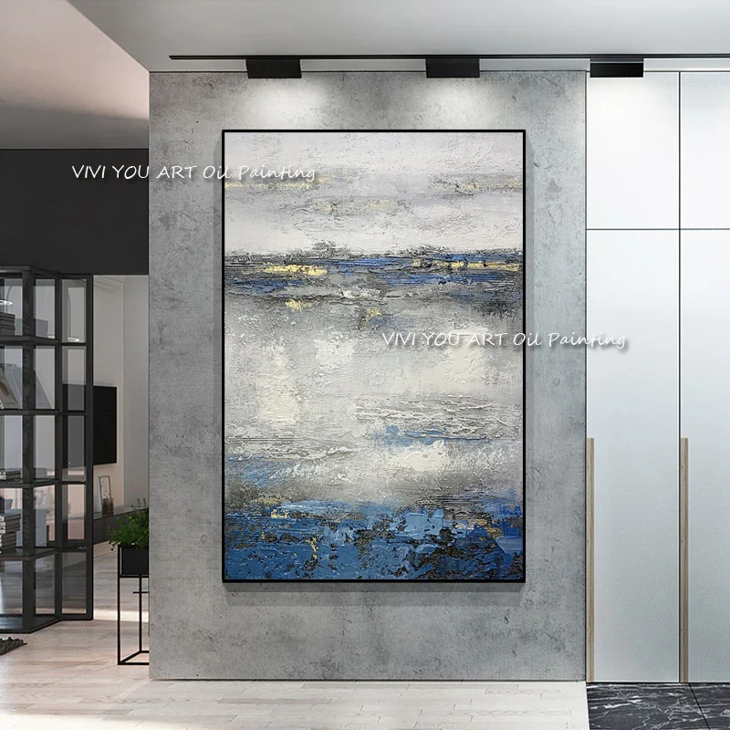 

Лучшая простая легкая картина маслом, Минималистичная абстрактная Настенная картина ручной работы, темно-синий, белый Абстрактный пейзаж, Картина на холсте