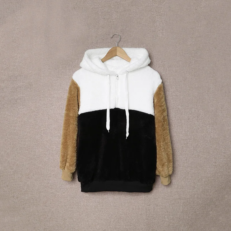 Contrast Color Sweatshirt Women's Autumn and Winter Zipper Half Cardigan Long Sleeve Hooded Sweater Women