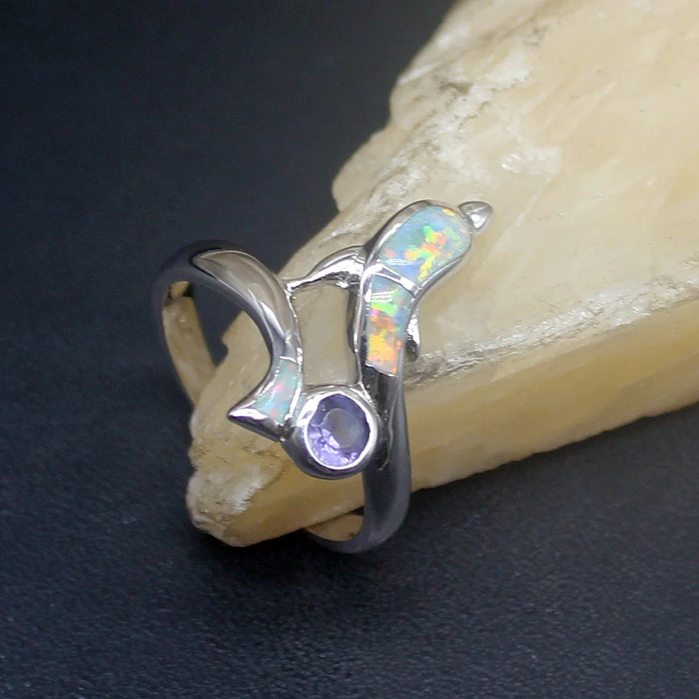 

Hermosa Gemstone Dolphin Mystical White Opal Genuine 925 Silver Band Ring Wedding Engagement Gifts for Women Size 7# 20214266