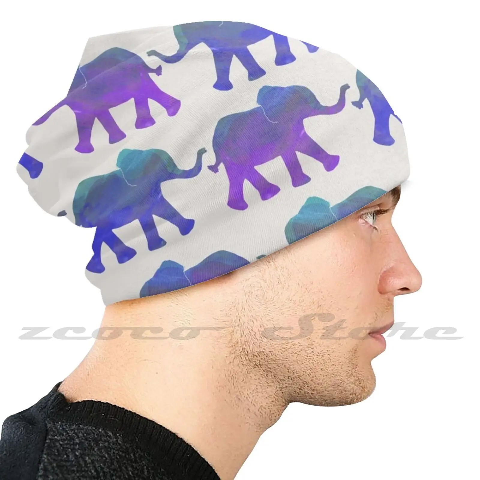 Volg De Leider-Geschilderde Olifanten In Paars, Koningsblauw En Mint Gebreide Muts Elastische Zachte Gepersonaliseerde Patroon Huidige Pet