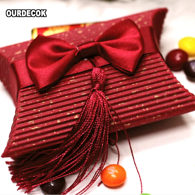 

100pcs/lot 2Color Pillow Bow Candy Box with Tassels for Wedding Candy Favor Gift Event Party Supplies Free Ship