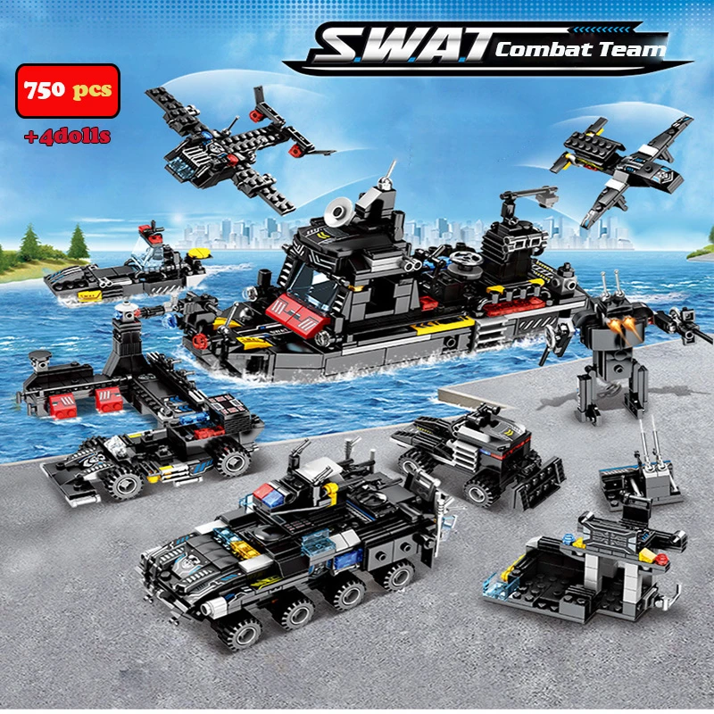 

418-750PCS SWAT Car Blocks Compatible All Brand City Police Station Helicopter Truck Bricks Educational Toy For Boys Children