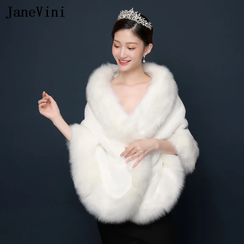 JaneVini Elegant Women Wedding Fur Capes Wraps White Shrug Red Bridal Formal Party Shawl Boleros Winter Faux Fur Stoles Jackets