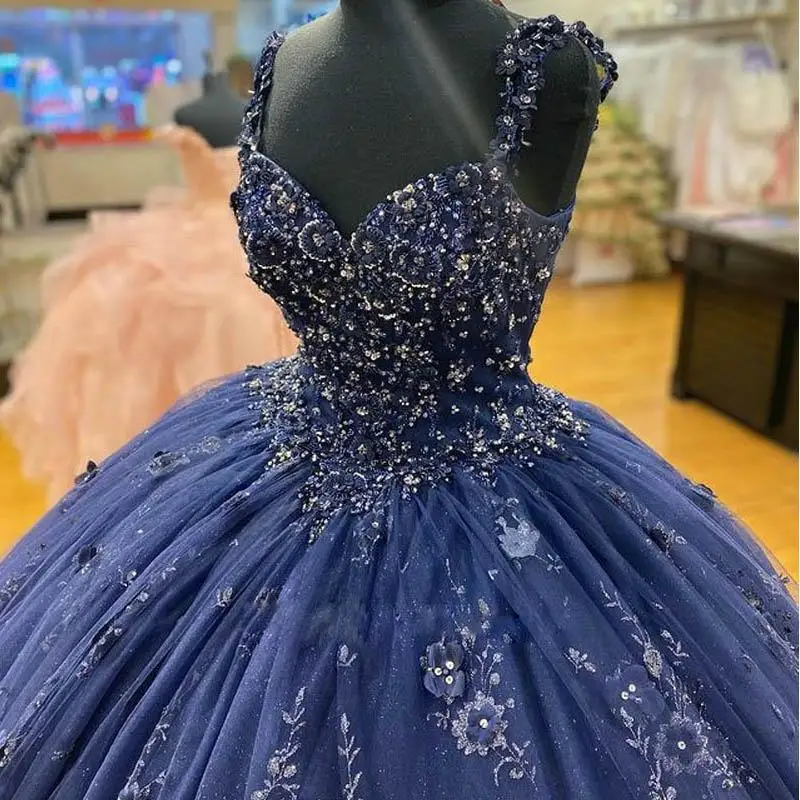 Navy Blau Floral Spitze Appliques Quinceanera Kleider Spaghetti-trägern Süße 15 Kleider Glitter Prinzessin Mädchen Party Kleid