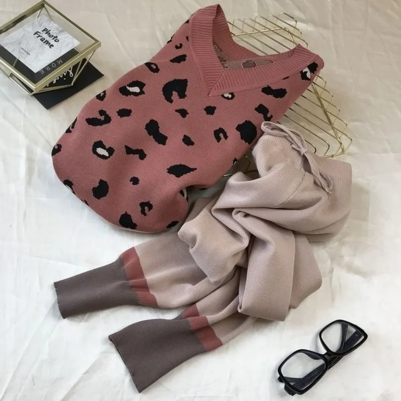 Ladies Two-piece Set 2020 Autumn and Winter New Product V-neck Leopard Print Loose Sweater + Small Feet Elastic Pants Suit