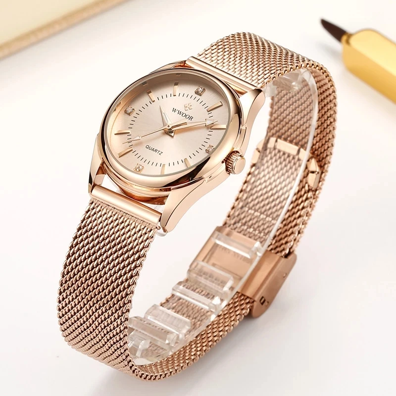 WWOOR-relojes de lujo para mujer, pulsera de oro rosa con diamantes, elegante, 2024