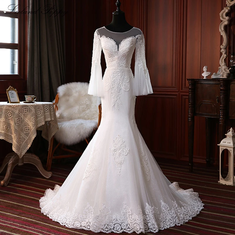Lceland Poppy Customized Mermaid Wedding Dresses Scoop Neck Long Sleeves Lace Appliques Beaded Bridal Dress