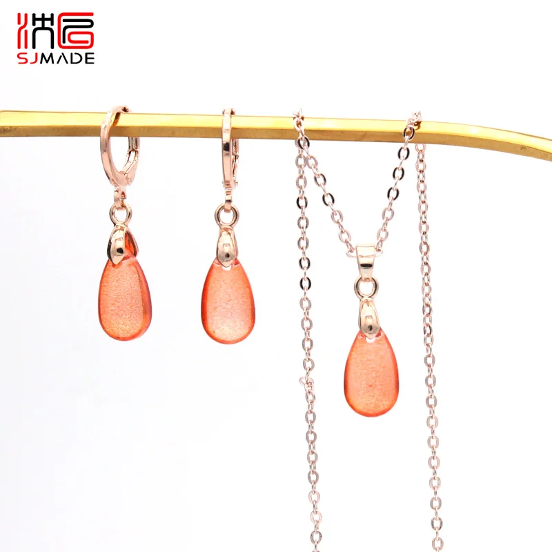 SHENJIANG New Colorful Glass Water Drop Dangle Earrings Pendant Necklace Jewelry Sets For Women Party