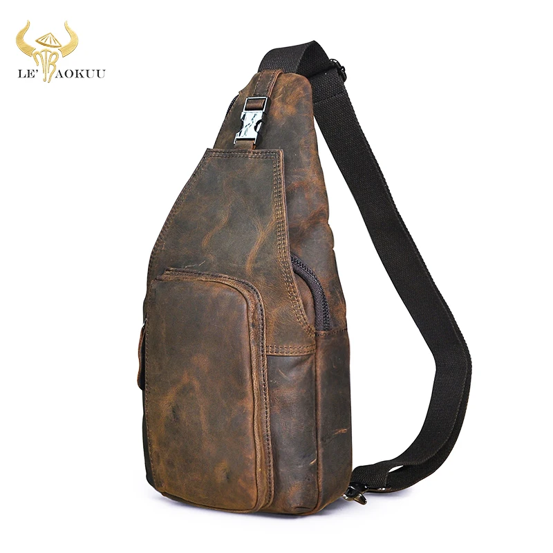 Men Crazy Horse Leather Casual Travel Chest Sling Bag Design Vintage One Shoulder Bag Cross-body Bag Day-pack For Male 8086