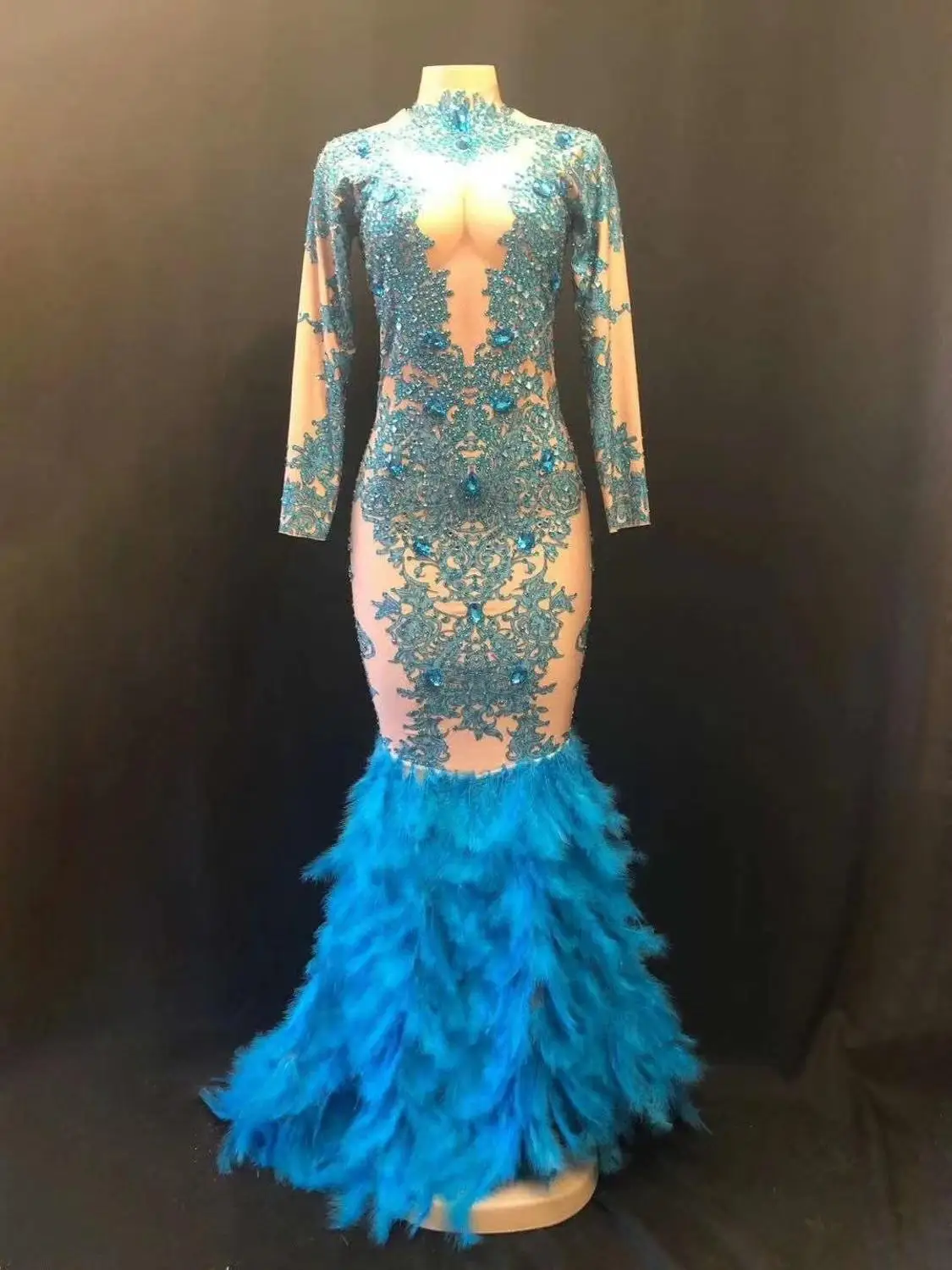 Women New Blue Feather Shining Rhinestones Stretch Long Dress Stage Outfit Birthday Celebrate Dresses Stage Evening Clothing