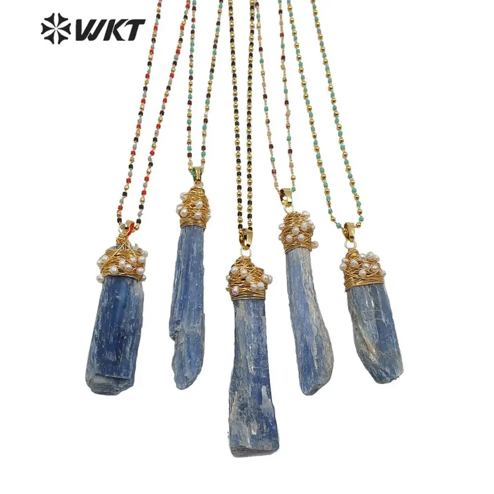 

WT-N1217 Blue kyanite necklace raw stone with gold electroplated brass wire wrapped pearl beads multi color beads chain Necklace