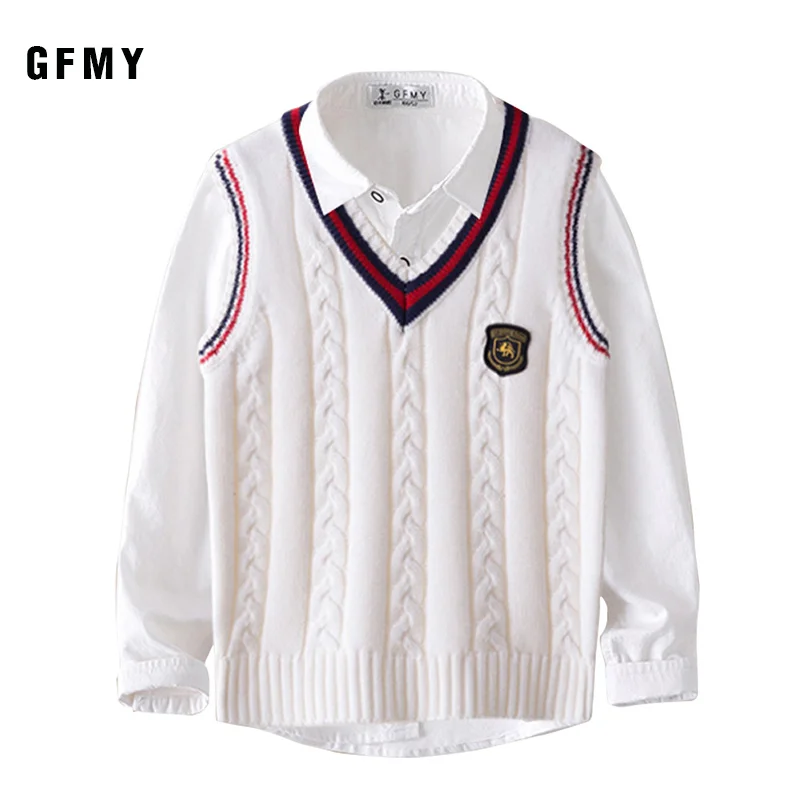 GFMY 2019 Autumn 100% Oxford Textile Cotton Solid Color 3T-14T boys white Shirt+ weater vest 2pcs Kid Casual School Clothes