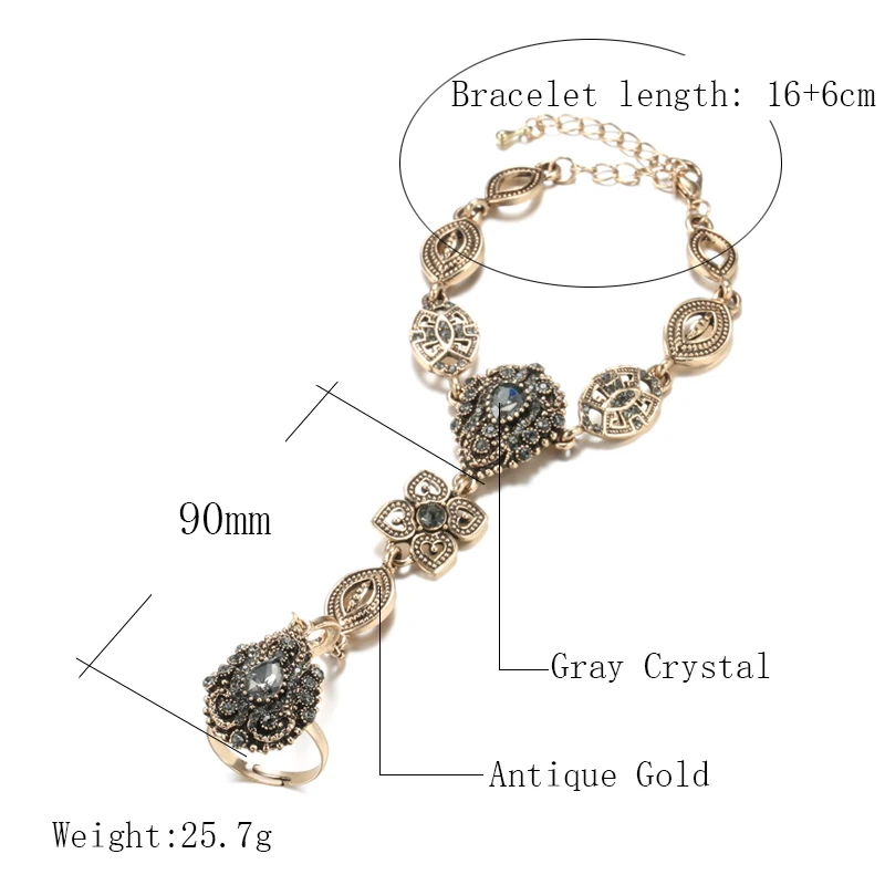 Wbmqda Luxury Boho Charm Bracelet Link Ring For Women 585 Alloy Gold Color Crystal Flower Link Bracelets Vintage Wedding Jewelry