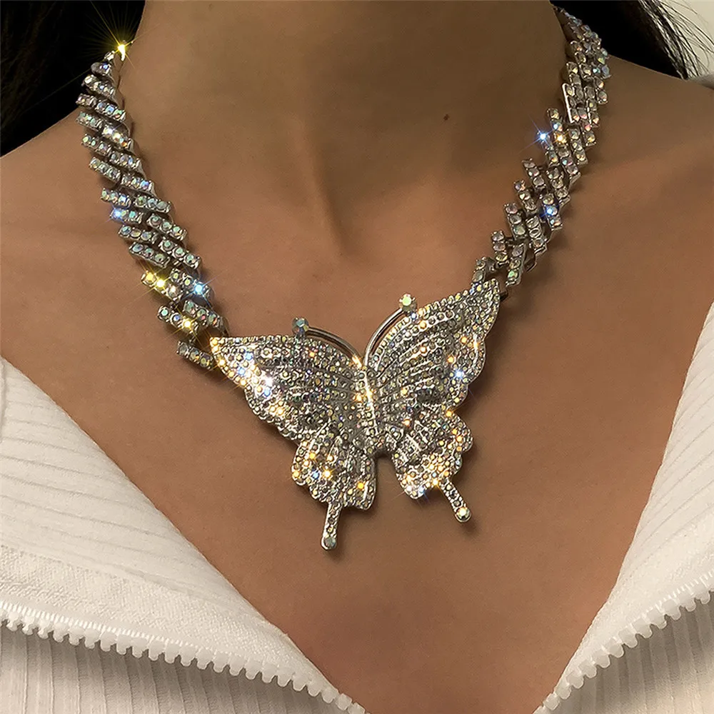 Cosysail Shiny Iced out Miami Cuban Link Chain Necklace Hip hop Women Big Rhinestone Crystal Butterfly Pendant Necklace Jewelry