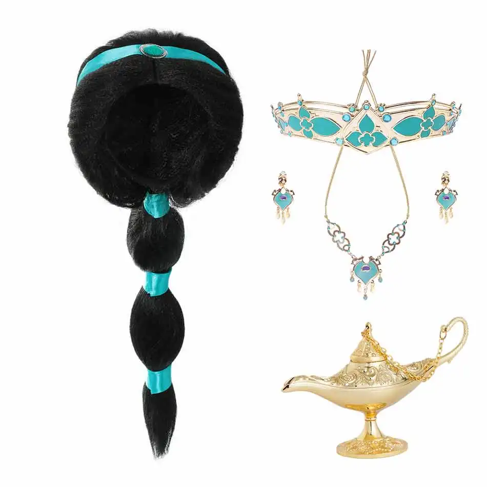 Girls Aladdin Princess Accessory Jasmine Party Tiara Crown Necklace Earrings Magic Lamp Synthetic Hair Kids Jasmine Dress up Wig