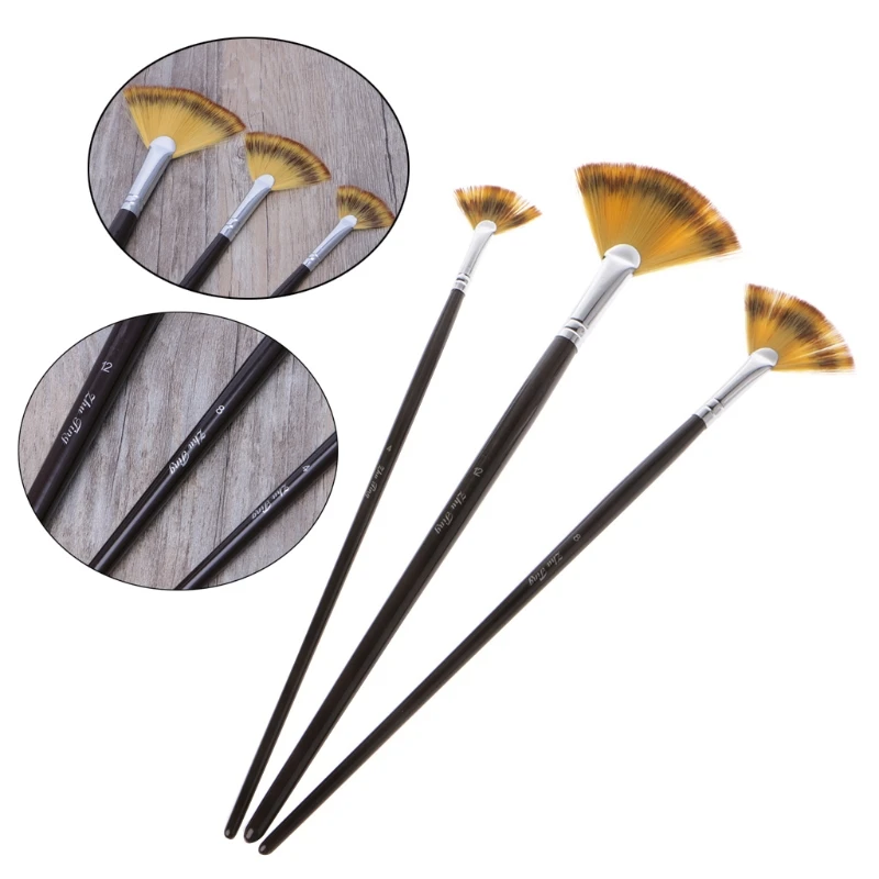 Set 3 Size Fan Brush Pen for Oil Acrylic Water Painting Artist Wooden Handle Q6PA