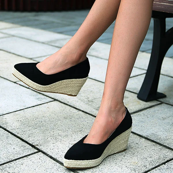 LIHUAMAO Suede wedge shoes women pumps pointed toe high heels platform espadrilles shoes same as princess