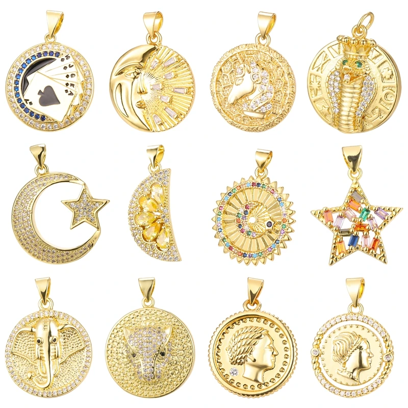 Juya Handmade 18k Real Gold Plated Cubic Zirconia Creative Star Moon Lemon Snake Leopard Elephant Crescent Charms Supplies