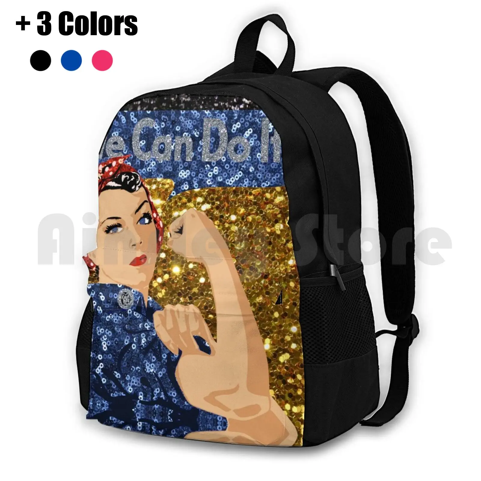 Glitter Print Rosie The Riveter Outdoor Hiking Backpack Riding Climbing Sports Bag Glitter Rosie The Riveter Rosie The Riveter