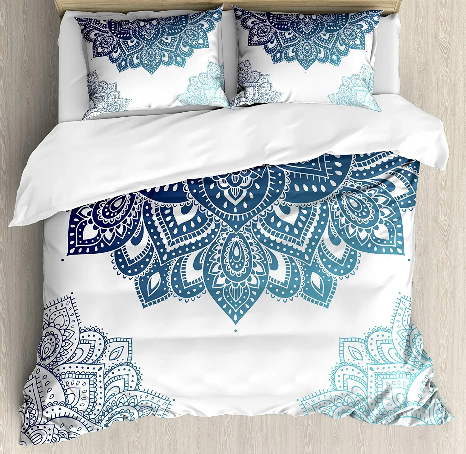 Flora Duvet Cover Set South Mandala Design with Vibrant Color Ornamental Illustration Decorative 3 Piece Bedding Set