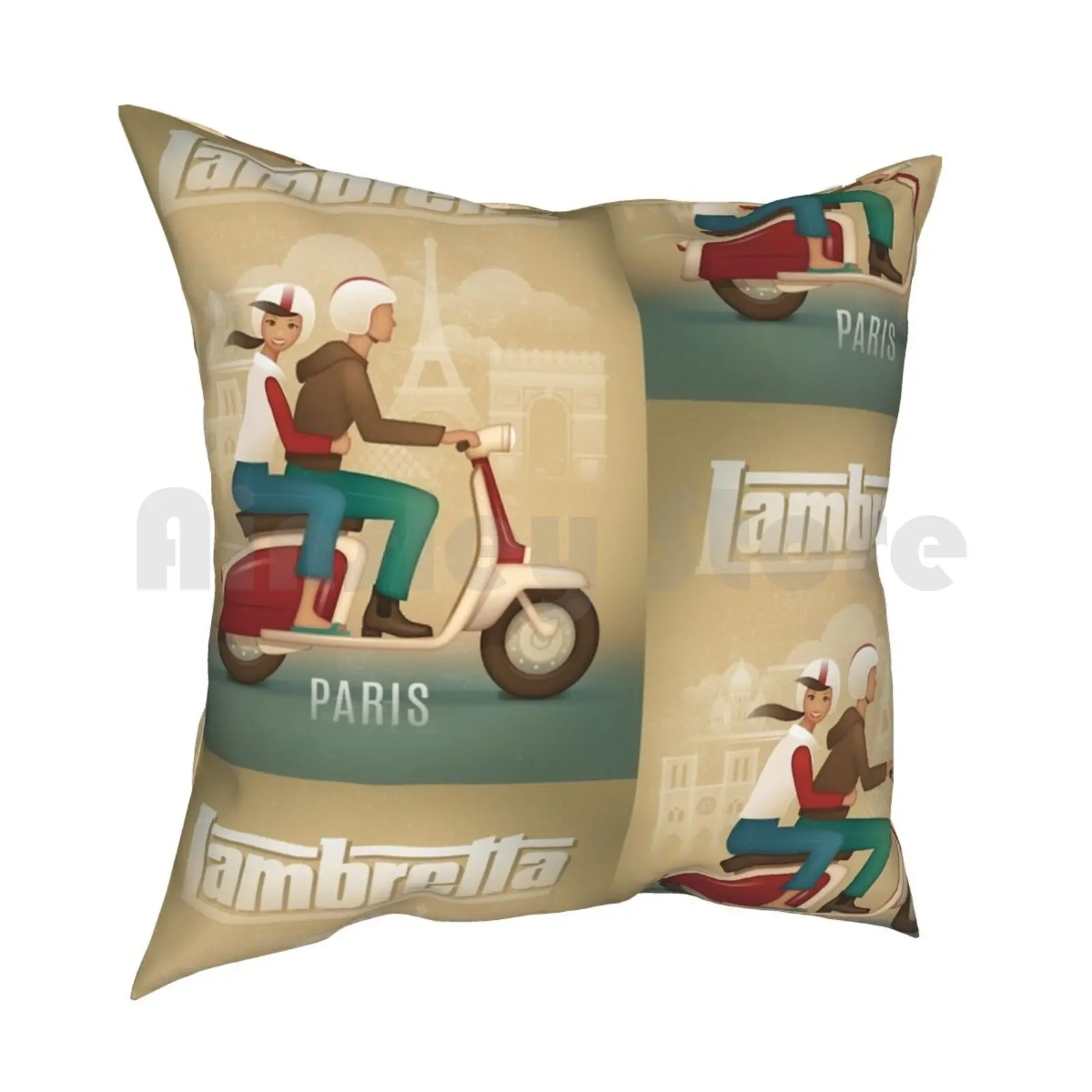 Retro Lambretta Scooter Pillow Case Printed Home Soft DIY Pillow cover Retro Lambretta Scooter Green Brown Paris France