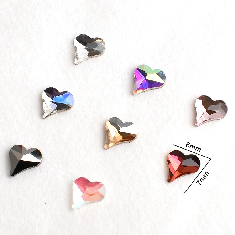 6x7mm Crooked Peach Heart Flat Nail Art Rhinestone Love Heart Multi Colors Crystal 3D Fingernail DIY Decoration Self Adhesive