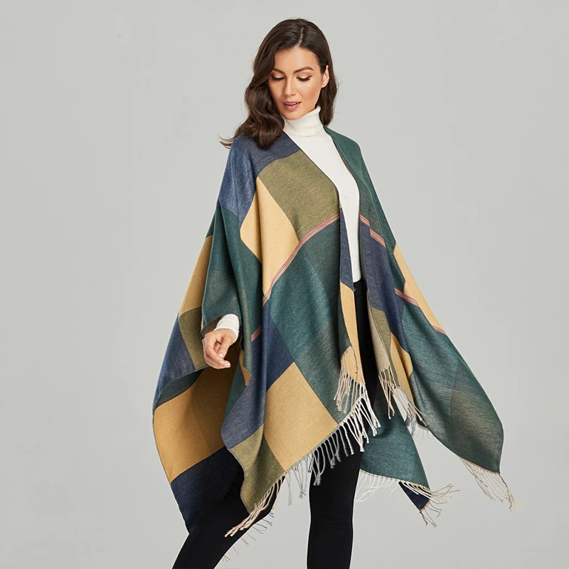 New Imitation Cashmere Women Plaid Tassel Vintage Poncho Split Scarf Winter Warm Shawl Wrap Female knitted Cloak Thick Blanket