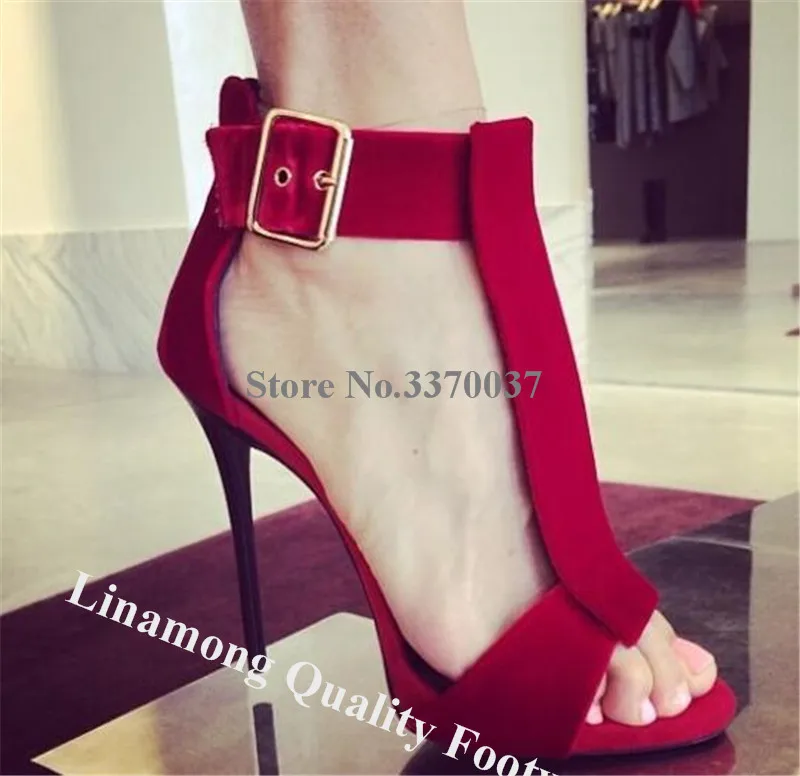 

Linamong Newest Suede Leather T-strap Stiletto Heel Gladiator Sandals Red Ankle Buckle High Heel Sandals Formal Dress Shoes