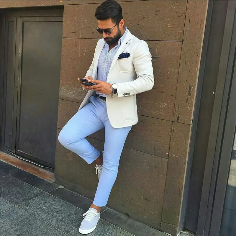 Summer Beach Casual Men Ivory Suits for Wedding Groom Tuxedo Blue Pants 2Piece Slim Fit Costume Homme Blazer Groomsmen Outfit