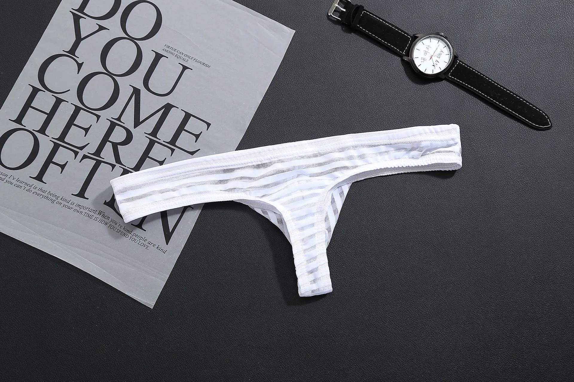 Sexy Thin Transparent Stripe Underwear Men Thong T-Back Bikini Gay Underwear Ice Silk Panties Mens Thongs And G Strings