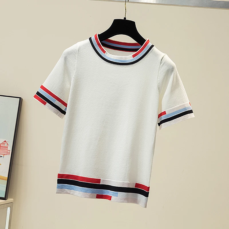 2022 Summer T Shirt Women Knitted Womens Tops O-Neck Tshirts Contrast Color Short Sleeve Tees Casual Woman Clothes Poleras Mujer