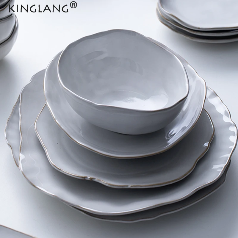 KINGLANG  2/4 Person Dinner Set Ceramic Creative Household Dishes Rice Bowl Dinnerware Plate Food Tableware Set