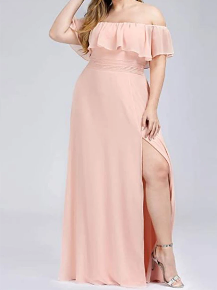 Vestido de novia y madre de talla grande, elegante, sencillo, rosa pálido, hombros descubiertos, lateral dividido, de gasa, para fiesta, dama de honor