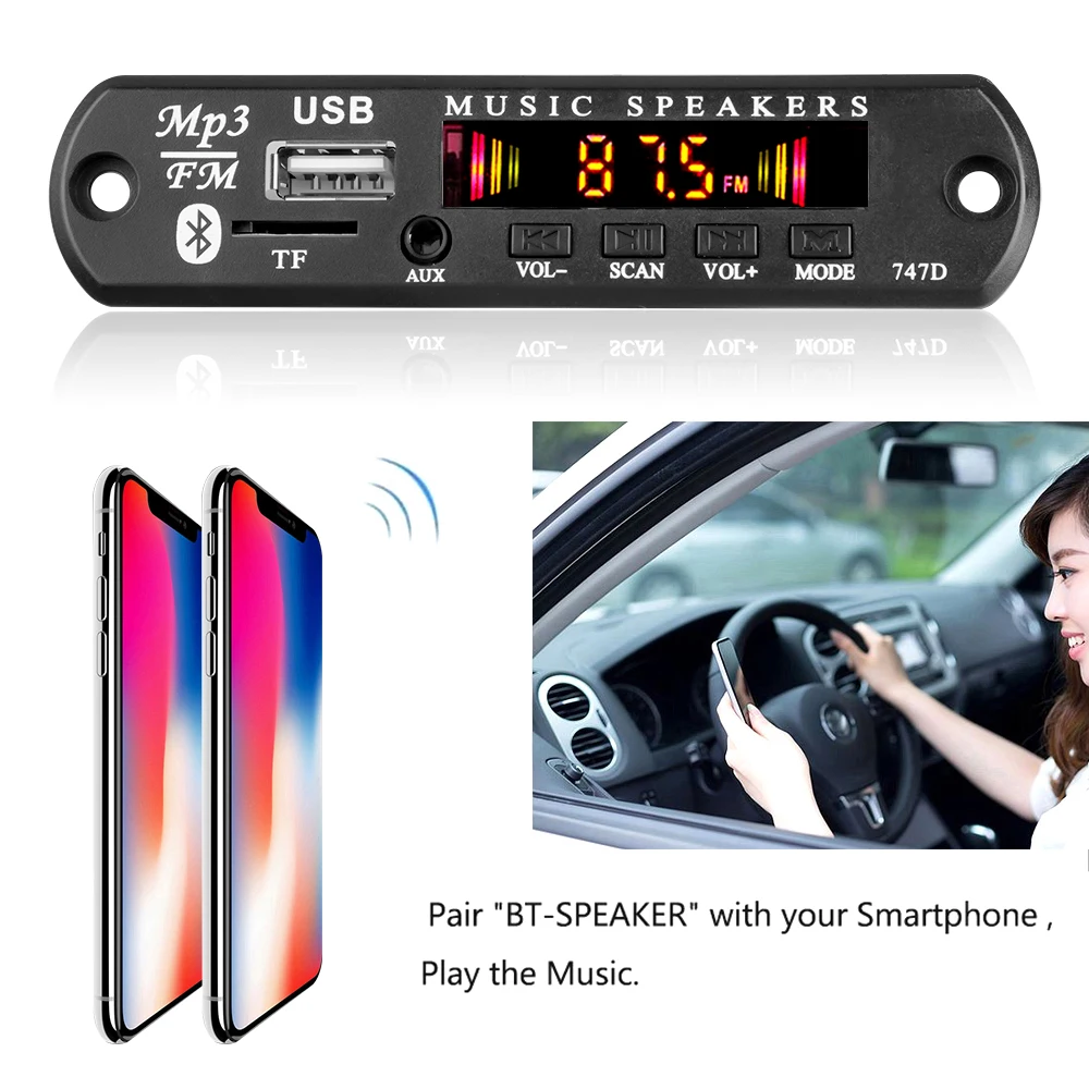 Wireless Bluetooth 5.0 9V-12V MP3 WMA Decoder Board Car Audio USB TF FM Radio Module Color Screen MP3 Player with Remote Control