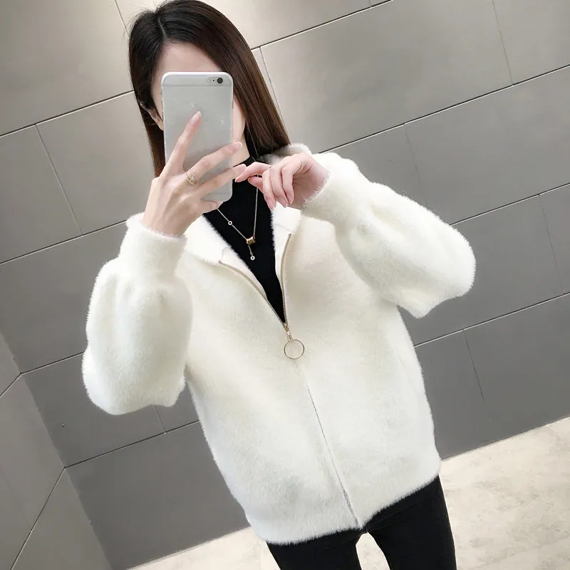 UHYTGF Imitation Mink Short Sweaters Jacket Women Hooded Casual Knit Autumn Winter Coat Cardigan Female Loose Big Size Top 1923