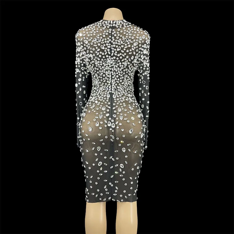 Imagem -02 - Brilhante Prata Strass Mangas Compridas Vestido de Estiramento Traje Transparente Sexy Evening Comemore Vestidos Aniversário Coleções