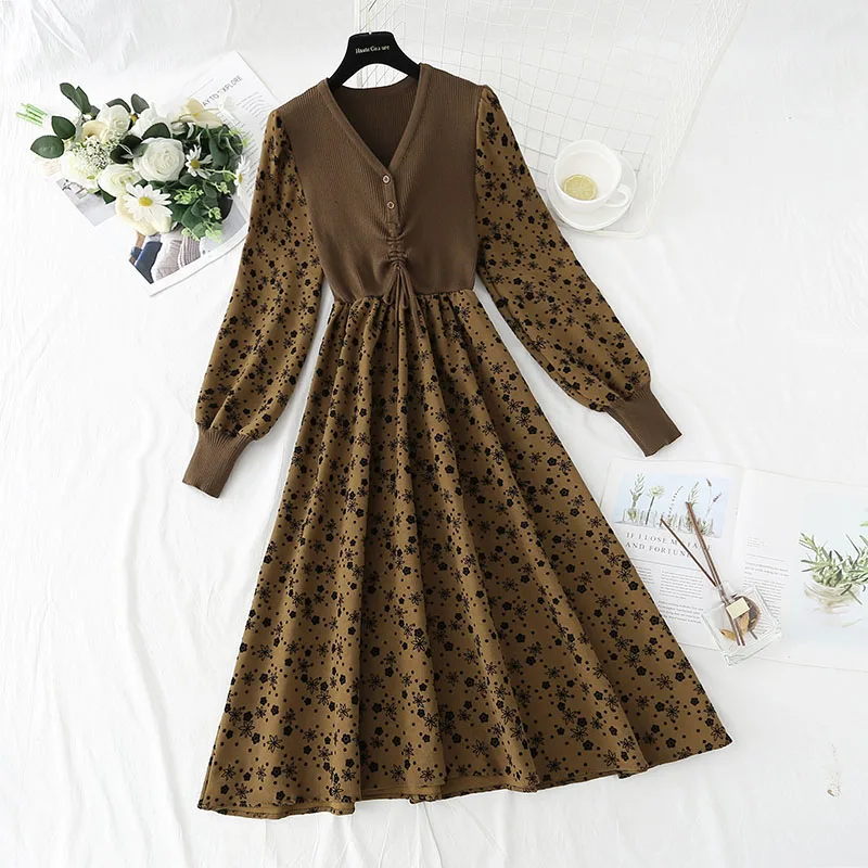 

Corduroy Floral Print Women Dress Vintage Knitted Patchwork Long Sleeve Vestidos 2021 Autumn Sweet Korean Midi Dress A-line
