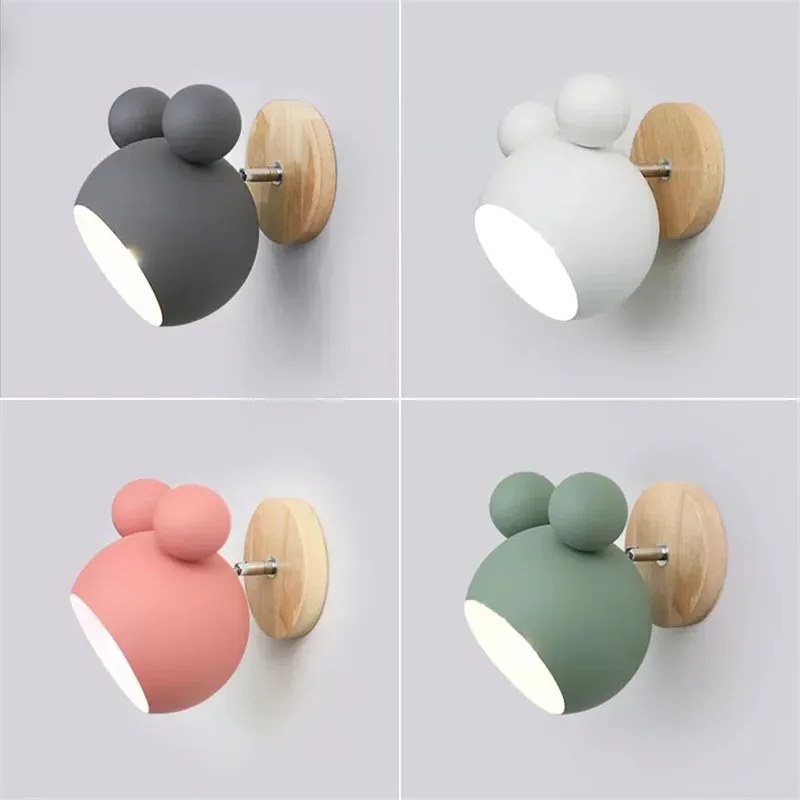 With E27 Bulb Mickey Wooden Wall Light Reading  Bedside Lighting Children's Room Study Cafe Wall Lamps Indoor Lighting Fixtures