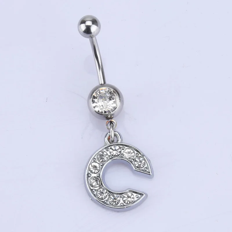 1Pc Letter Belly Button Ring Rhinestone Alphabet Pendant Navel Body Piercing Jewelry Silver Colour Nombril Piercing Gift Women