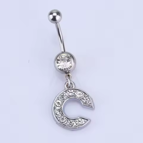 1Pc Letter Belly Button Ring Rhinestone Alphabet Pendant Navel Body Piercing Jewelry Silver Colour Nombril Piercing Gift Women