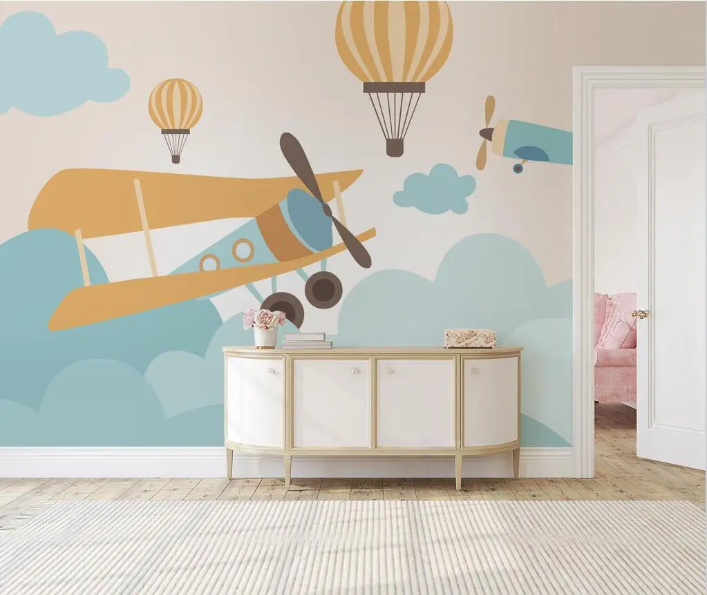 

Custom Photo Wallpaper Hand drawn cartoon airplane balloon Children's Room Mural papel de parede 3d wall papers